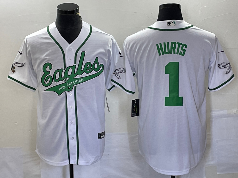 Men's Philadelphia Eagles #1 Jalen Hurts White Cool Base Stitched Baseball Jersey Men's Philadelphia Eagles #1 Jalen Hurts White Cool Base Stitched Baseball Jersey